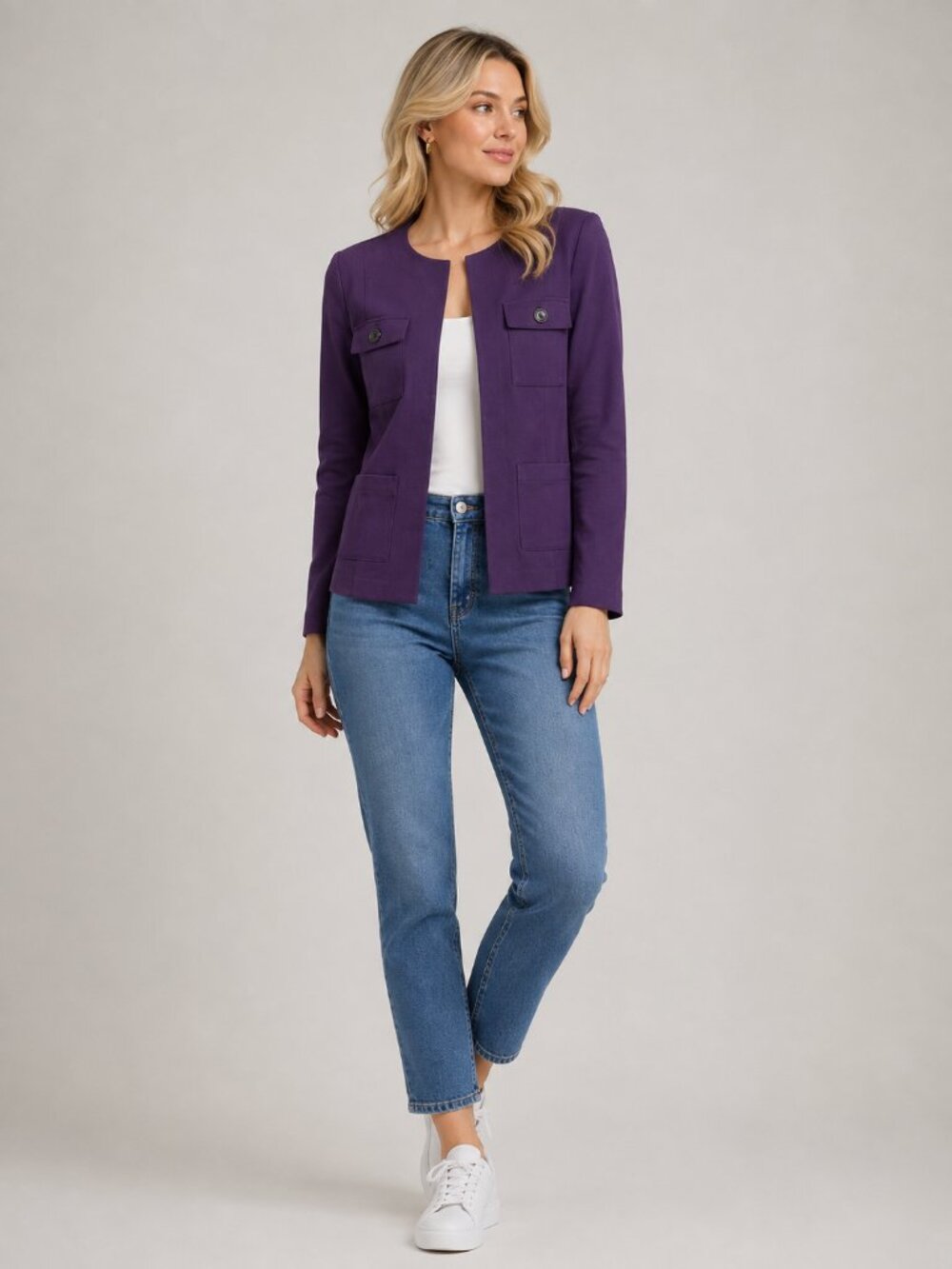 NWT White House Black Market Long Sleeve Collarless Jacket Deep Amethyst 2